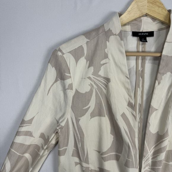 Alfani Floral Linen Cardigan Size Small Long Tan Draped Open Front Ruched Sleeve - Picture 4 of 16